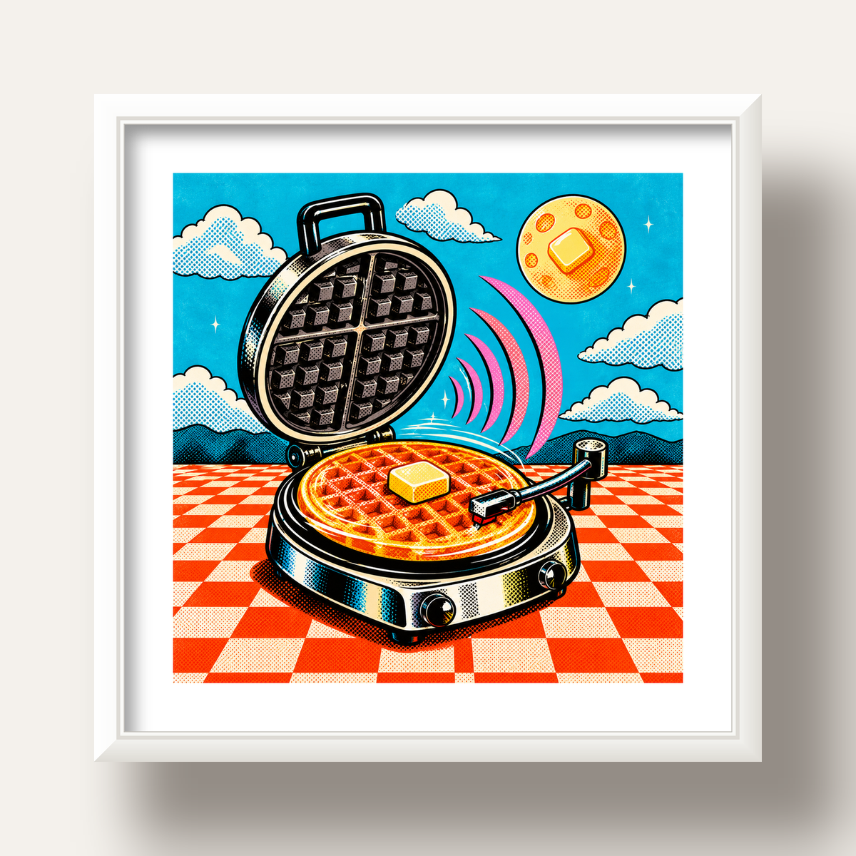 Retro Waffle Pikap Poster – Pop-Art, Müzikli Duvar Dekoru — beyaz derin çerçeveli paspartulu