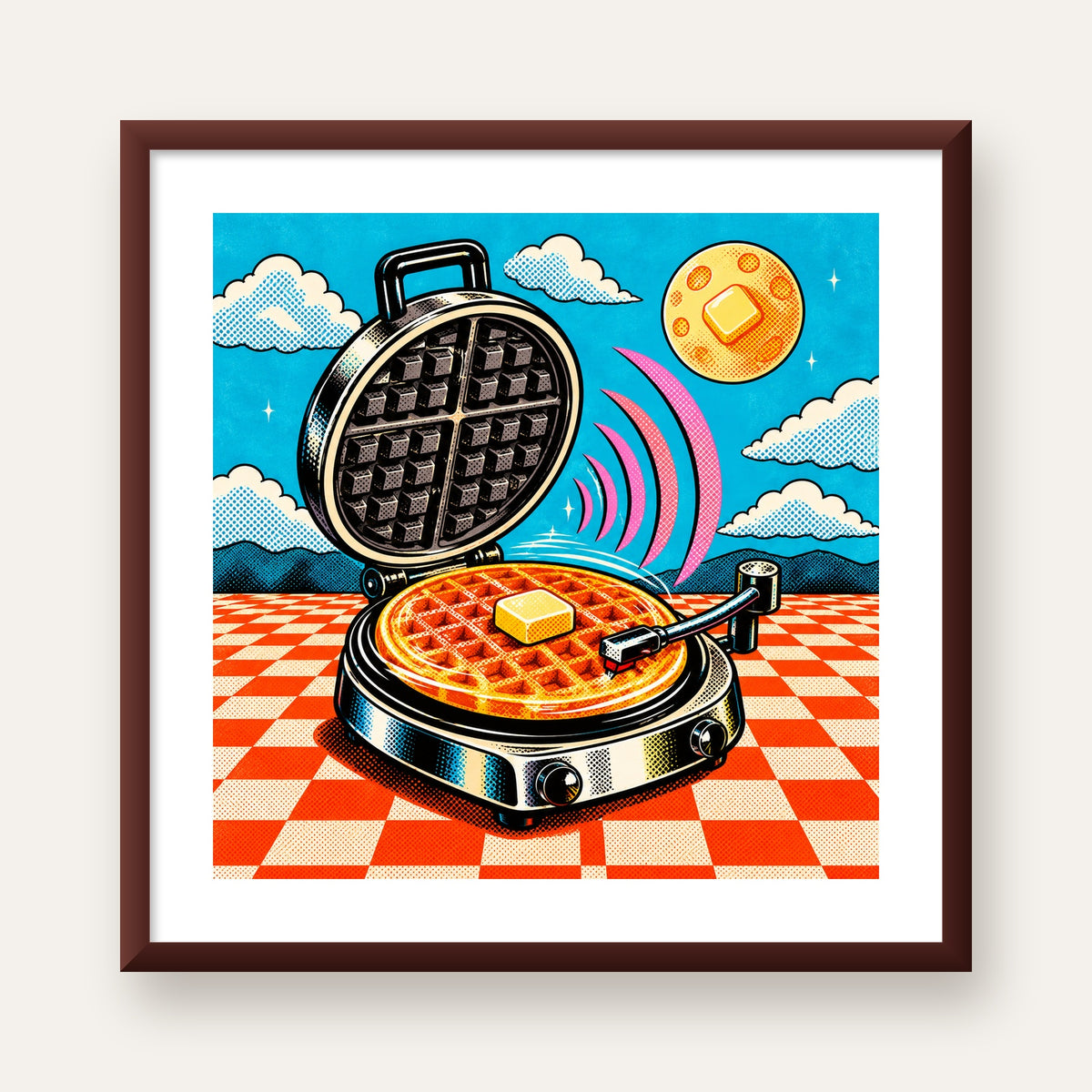 Retro Waffle Pikap Poster – Pop-Art, Müzikli Duvar Dekoru — ceviz çerçeveli paspartulu