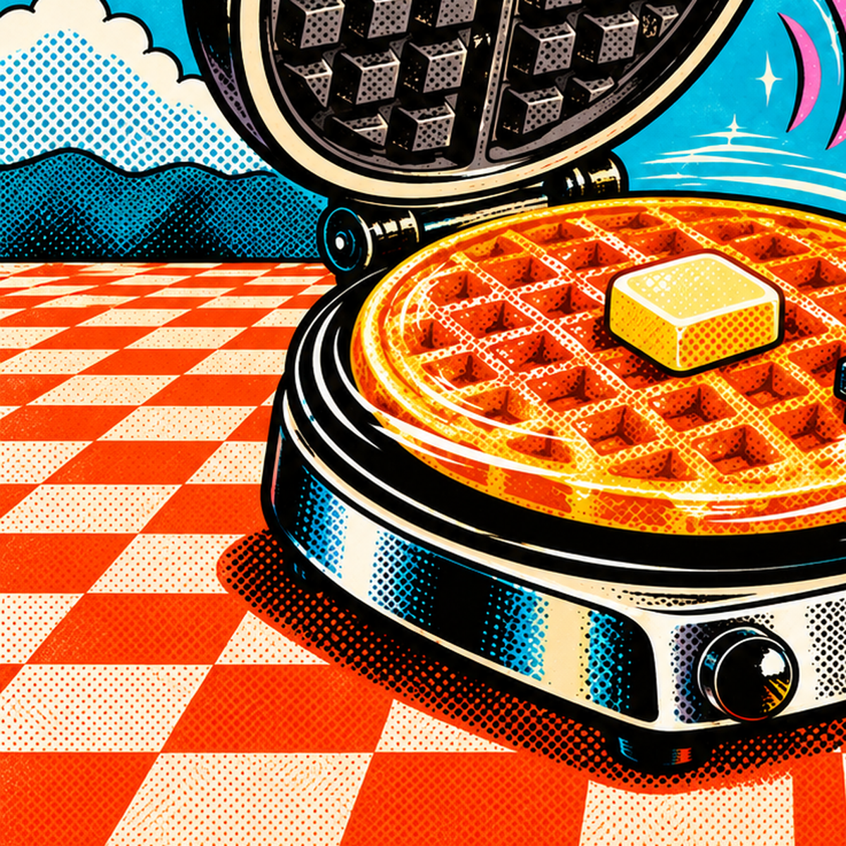 Retro Waffle Pikap Poster – Pop-Art, Müzikli Duvar Dekoru — baskının yakın çekimi, kâğıt dokusu ve renk detayı