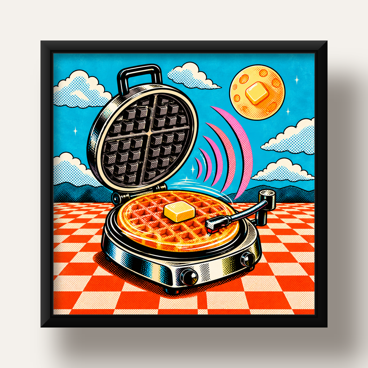 Retro Waffle Pikap Poster – Pop-Art, Müzikli Duvar Dekoru — siyah derin çerçeveli
