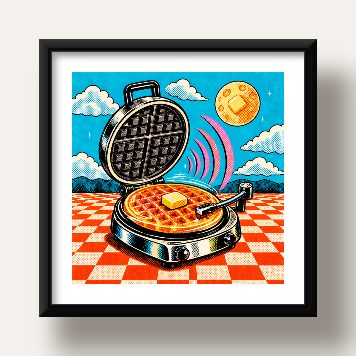 Retro Waffle Pikap Poster – Pop-Art, Müzikli Duvar Dekoru — siyah derin çerçeveli paspartulu