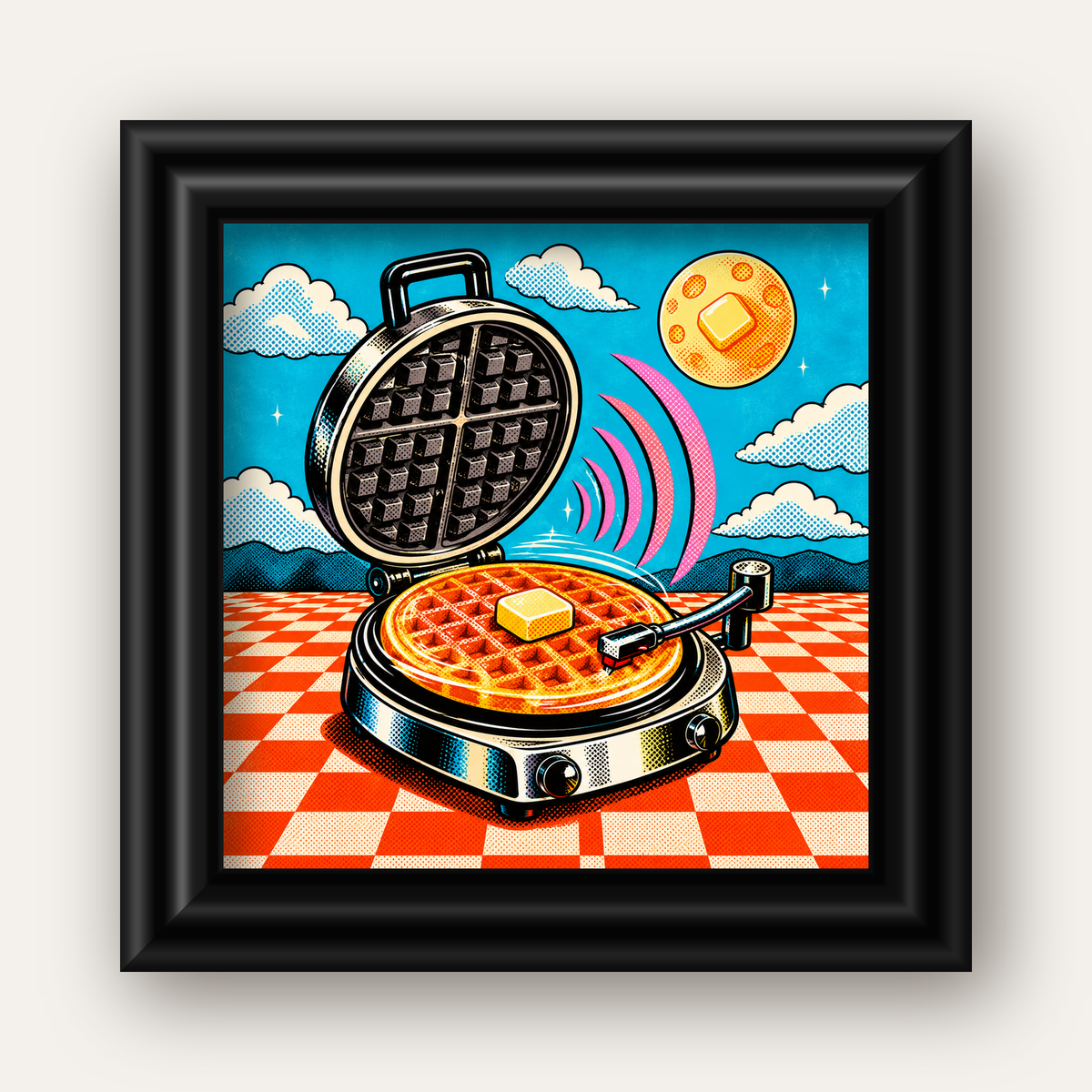 Retro Waffle Pikap Poster – Pop-Art, Müzikli Duvar Dekoru — siyah galeri çerçeveli