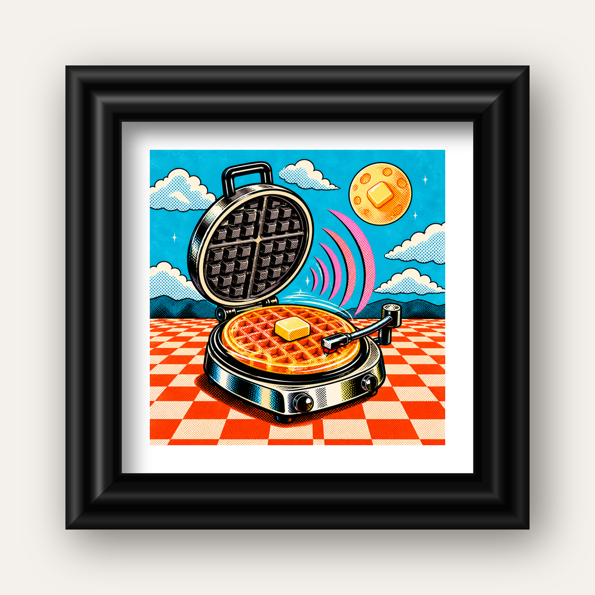 Retro Waffle Pikap Poster – Pop-Art, Müzikli Duvar Dekoru — siyah galeri çerçeveli paspartulu