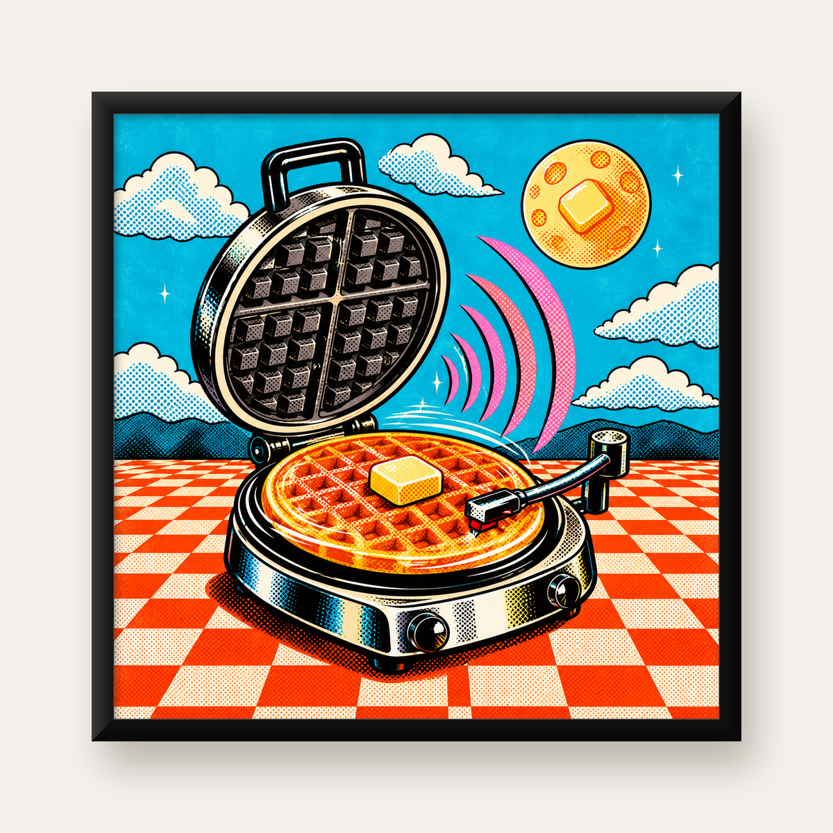 Retro Waffle Pikap Poster – Pop-Art, Müzikli Duvar Dekoru — Kare baskı, düz siyah çerçeveli duvar posteri