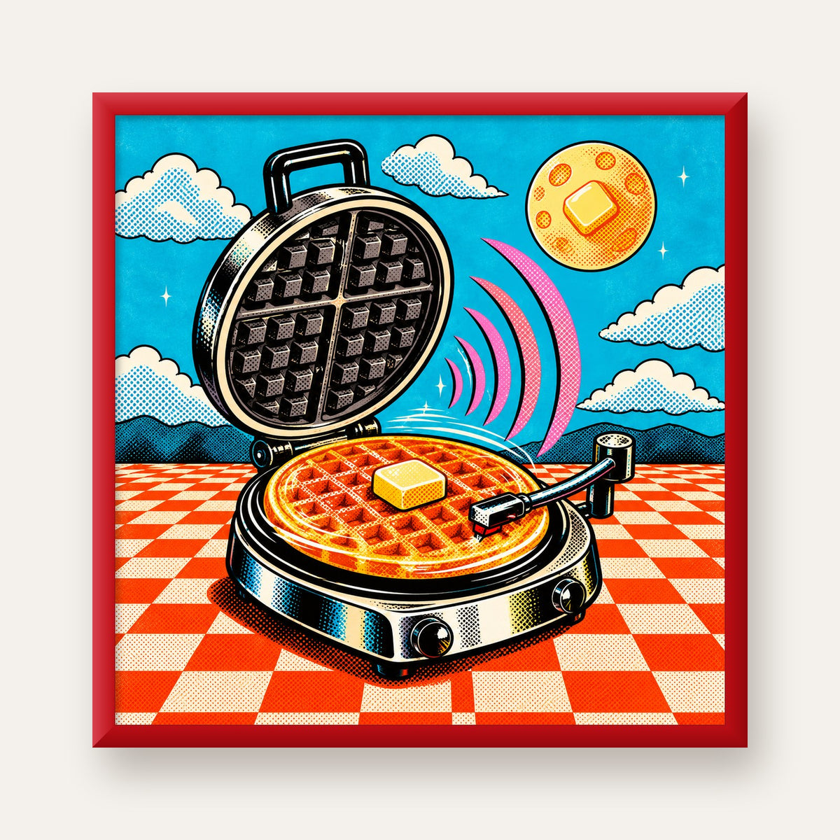 Retro Waffle Pikap Poster – Pop-Art, Müzikli Duvar Dekoru — kırmızı çerçeveli