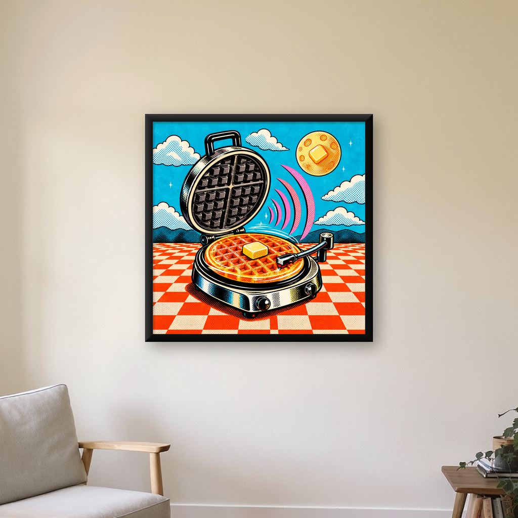 Retro Waffle Pikap Poster – Pop-Art, Müzikli Duvar Dekoru — Kare baskı, çerçeveli hâliyle bir ev duvarında