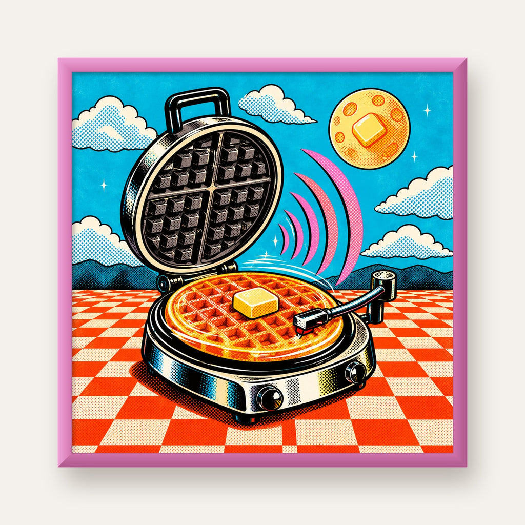Retro Waffle Pikap Poster – Pop-Art, Müzikli Duvar Dekoru — pembe çerçeveli