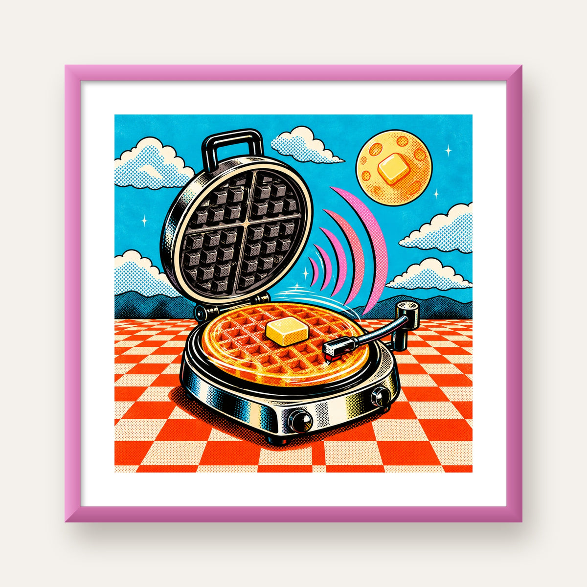 Retro Waffle Pikap Poster – Pop-Art, Müzikli Duvar Dekoru — pembe çerçeveli paspartulu