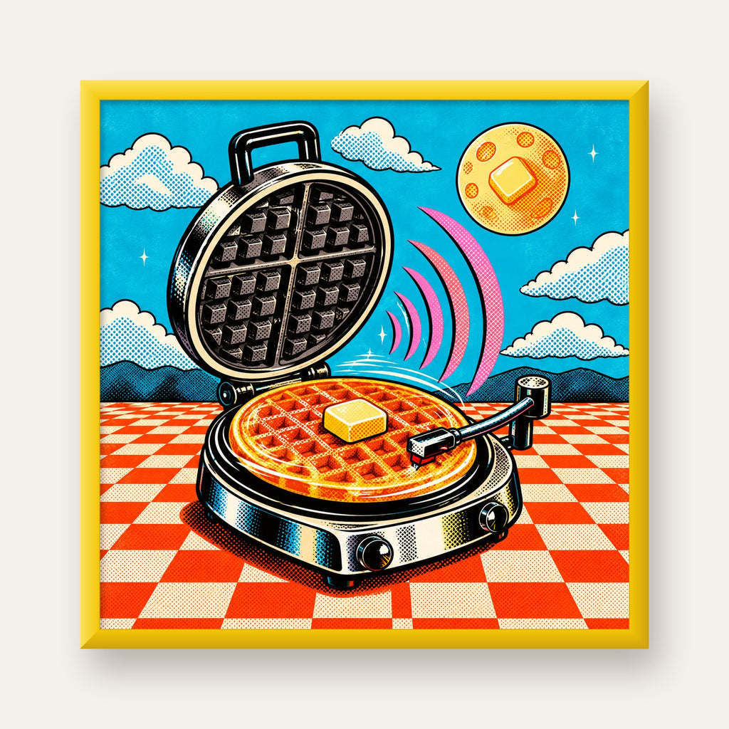 Retro Waffle Pikap Poster – Pop-Art, Müzikli Duvar Dekoru — sarı çerçeveli