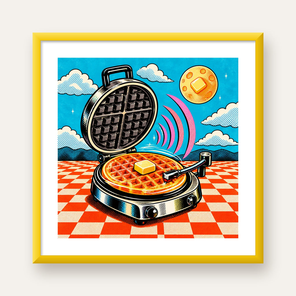 Retro Waffle Pikap Poster – Pop-Art, Müzikli Duvar Dekoru — sarı çerçeveli paspartulu