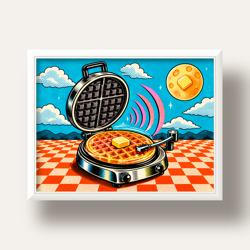 Retro Waffle Pikap Poster – Pop-Art, Müzikli Duvar Dekoru — beyaz derin çerçeveli