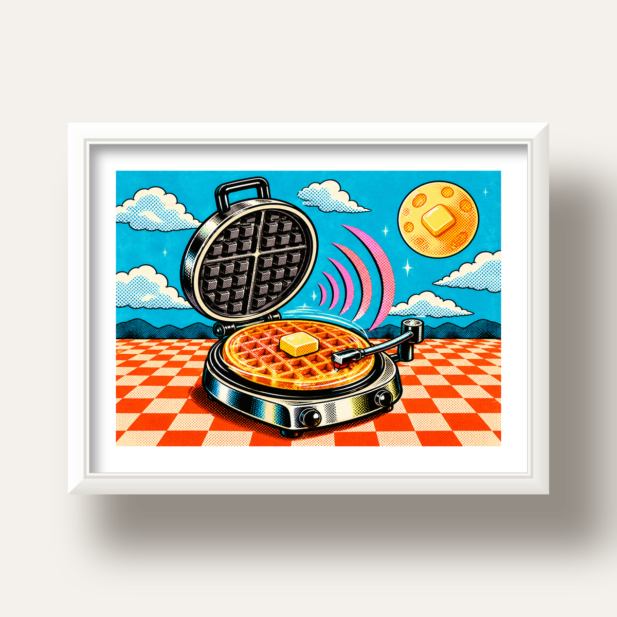 Retro Waffle Pikap Poster – Pop-Art, Müzikli Duvar Dekoru — beyaz derin çerçeveli paspartulu