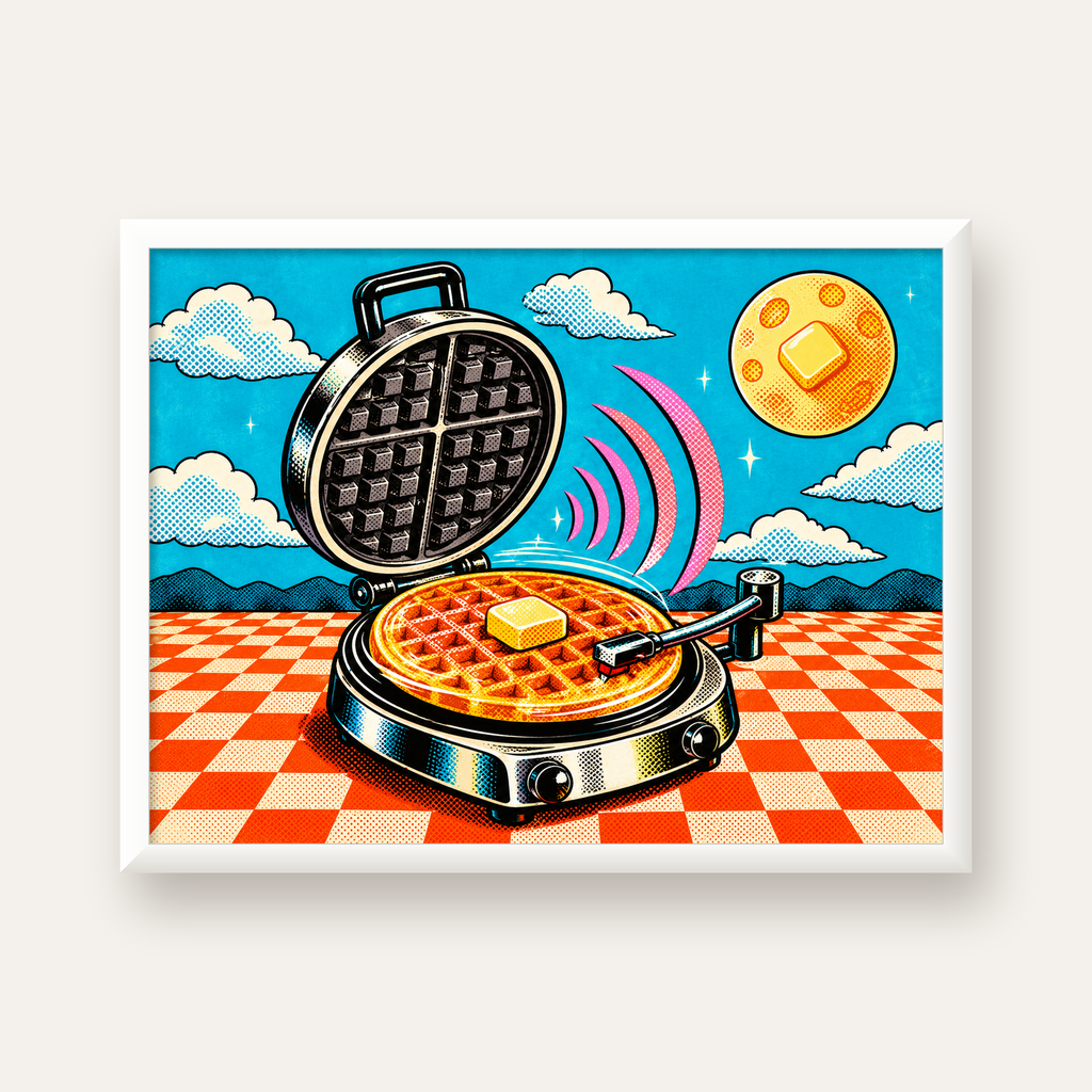 Retro Waffle Pikap Poster – Pop-Art, Müzikli Duvar Dekoru — beyaz çerçeveli yatay poster