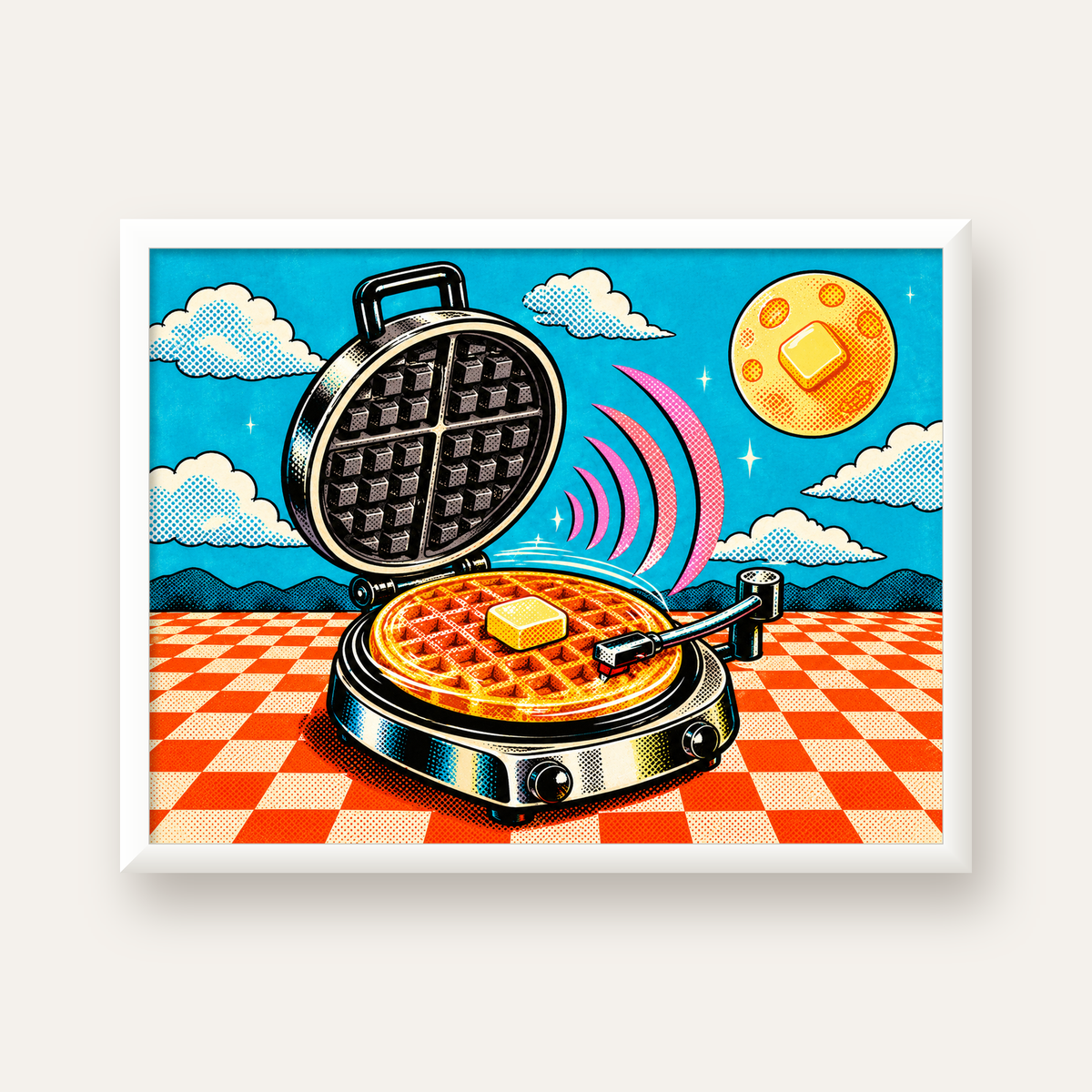 Retro Waffle Pikap Poster – Pop-Art, Müzikli Duvar Dekoru — beyaz çerçeveli yatay poster