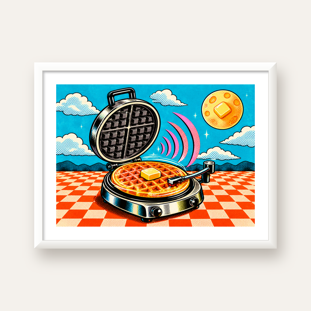 Retro Waffle Pikap Poster – Pop-Art, Müzikli Duvar Dekoru — beyaz çerçeveli yatay poster