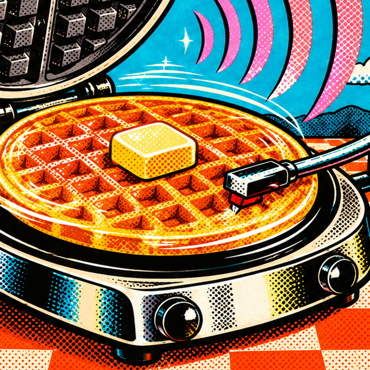 Retro Waffle Pikap Poster – Pop-Art, Müzikli Duvar Dekoru — baskının yakın çekimi, kâğıt dokusu ve renk detayı
