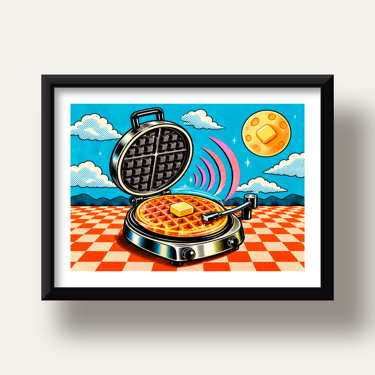 Retro Waffle Pikap Poster – Pop-Art, Müzikli Duvar Dekoru — siyah derin çerçeveli paspartulu