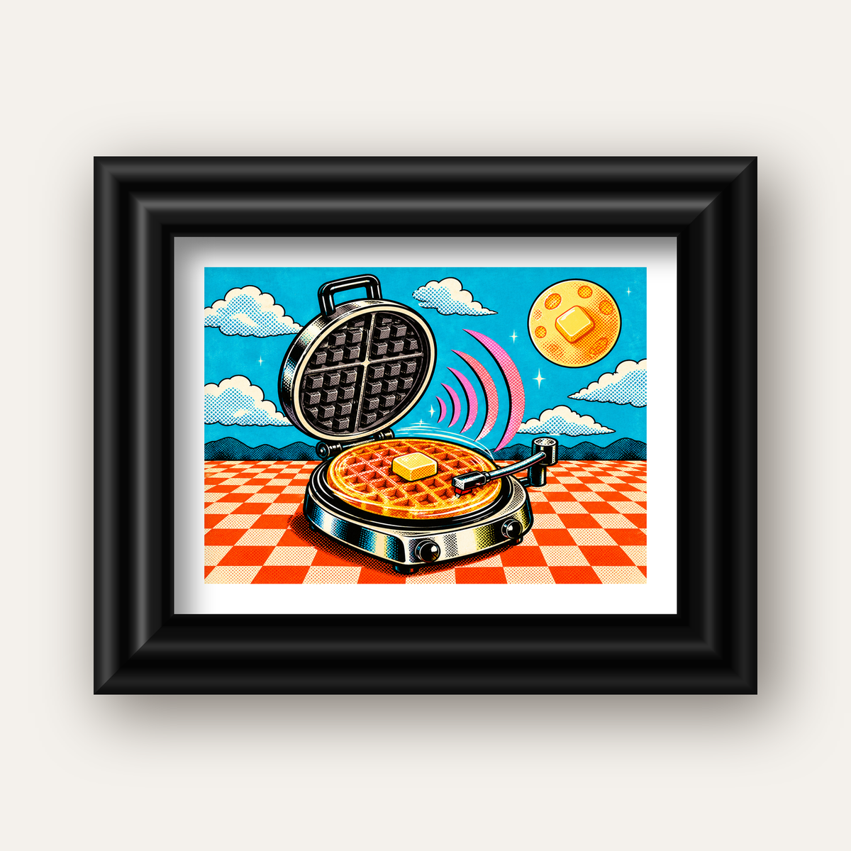 Retro Waffle Pikap Poster – Pop-Art, Müzikli Duvar Dekoru — siyah galeri çerçeveli paspartulu