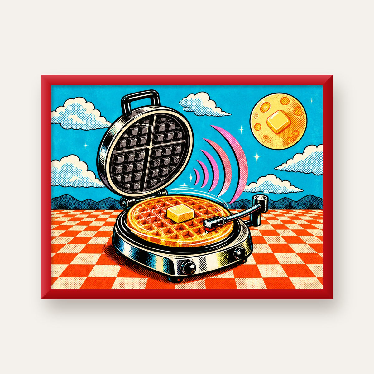 Retro Waffle Pikap Poster – Pop-Art, Müzikli Duvar Dekoru — kırmızı çerçeveli