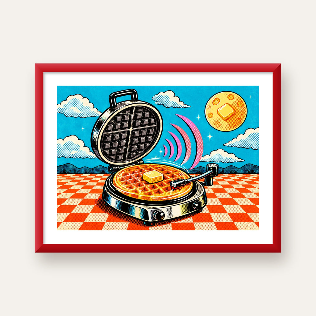 Retro Waffle Pikap Poster – Pop-Art, Müzikli Duvar Dekoru — kırmızı çerçeveli paspartulu