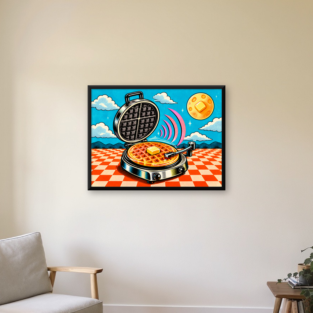 Retro Waffle Pikap Poster – Pop-Art, Müzikli Duvar Dekoru — Yatay baskı, çerçeveli hâliyle bir ev duvarında