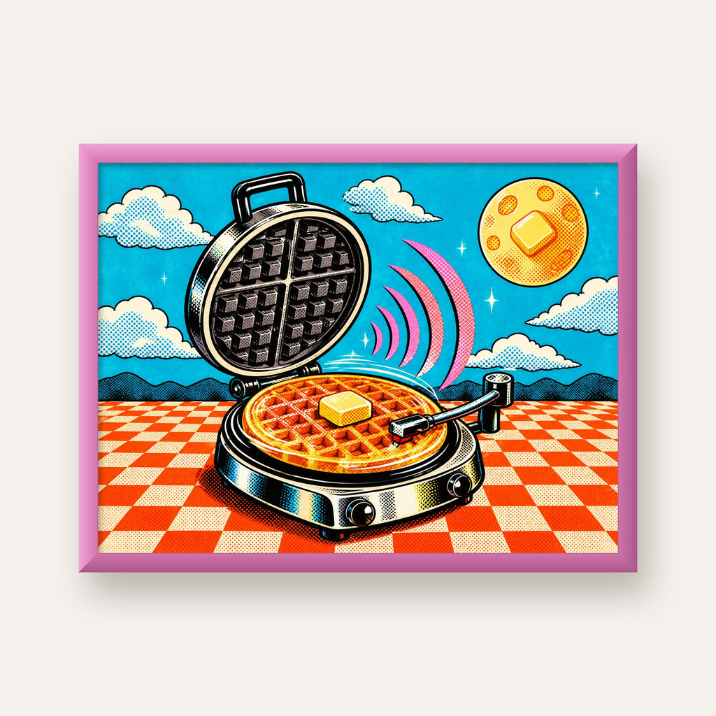 Retro Waffle Pikap Poster – Pop-Art, Müzikli Duvar Dekoru — pembe çerçeveli