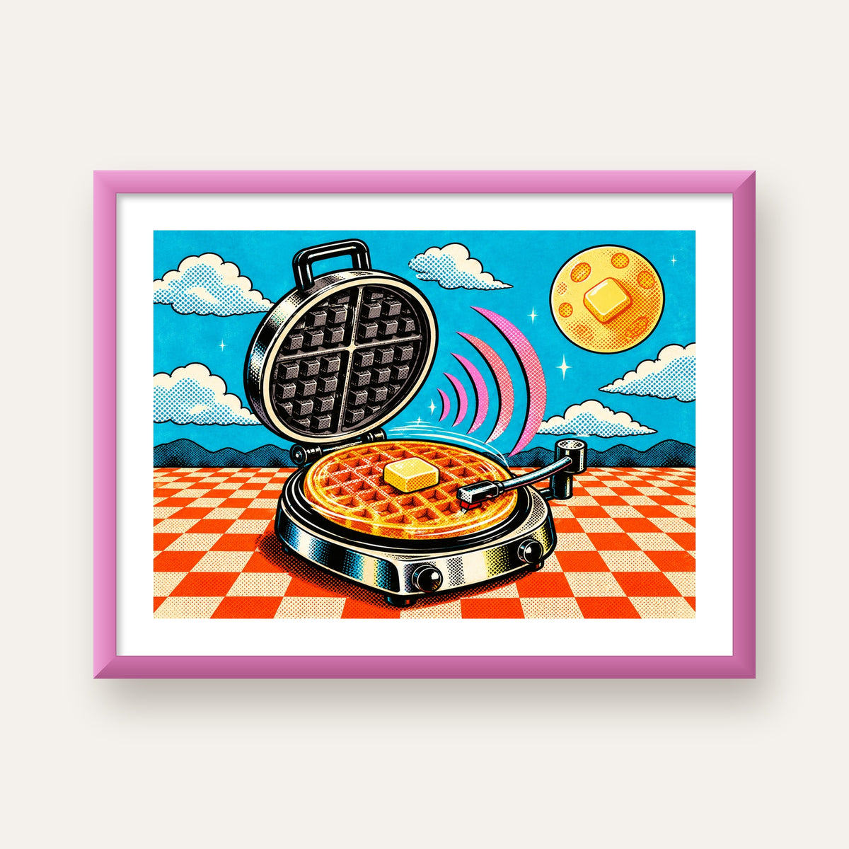 Retro Waffle Pikap Poster – Pop-Art, Müzikli Duvar Dekoru — pembe çerçeveli paspartulu