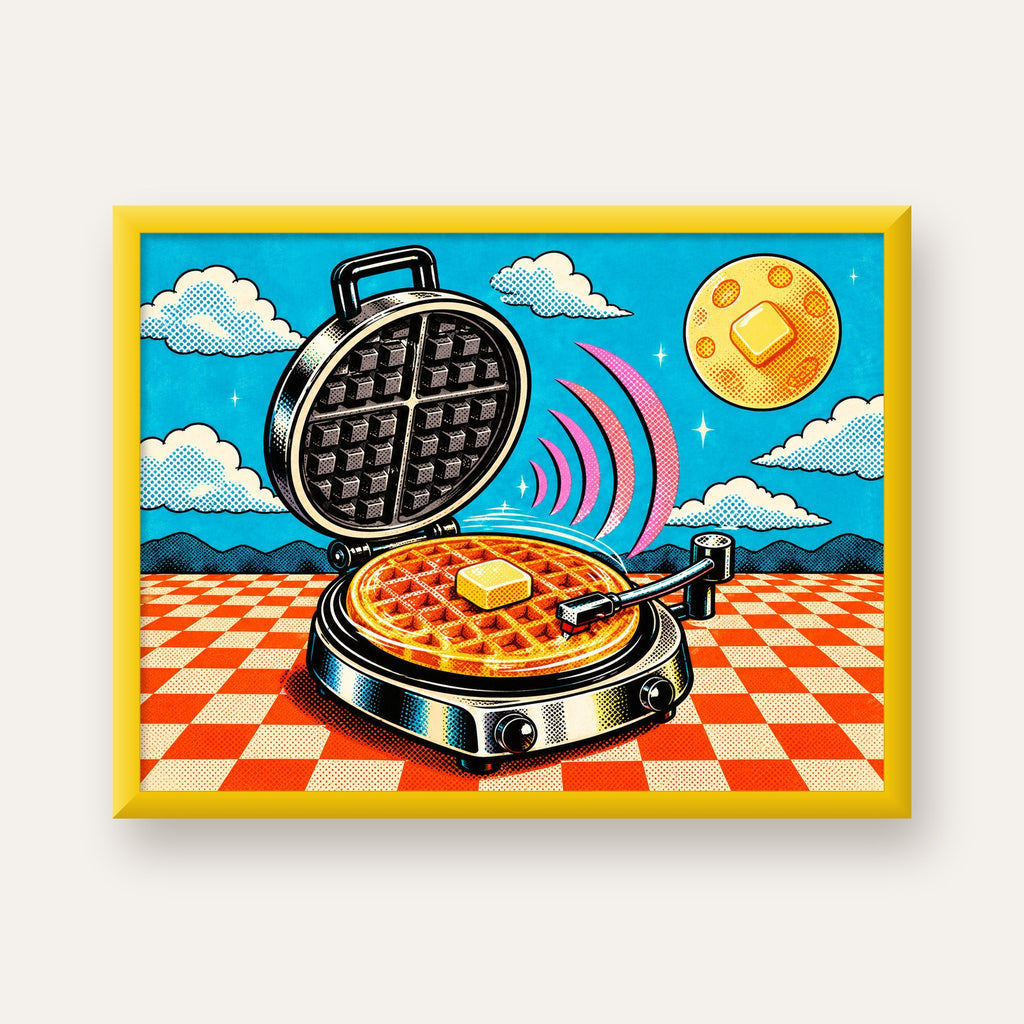 Retro Waffle Pikap Poster – Pop-Art, Müzikli Duvar Dekoru — sarı çerçeveli