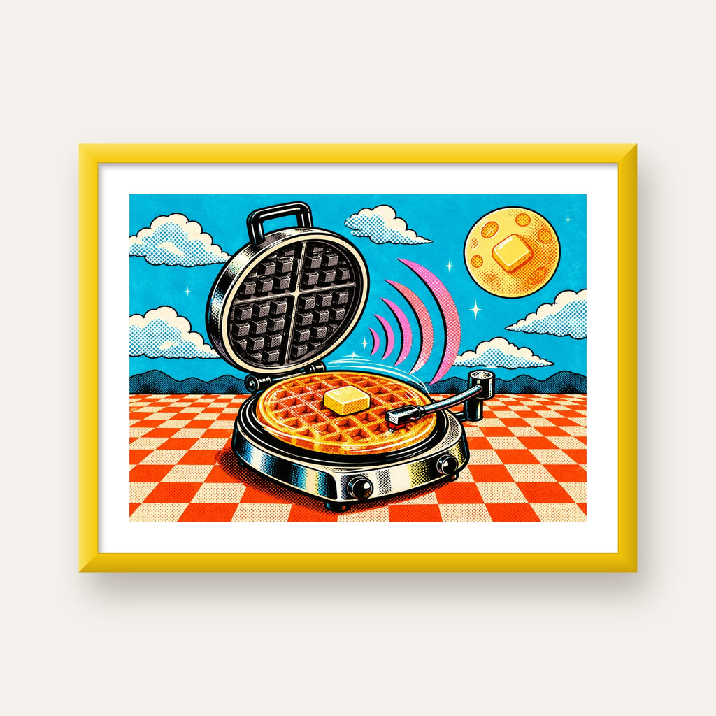 Retro Waffle Pikap Poster – Pop-Art, Müzikli Duvar Dekoru — sarı çerçeveli paspartulu