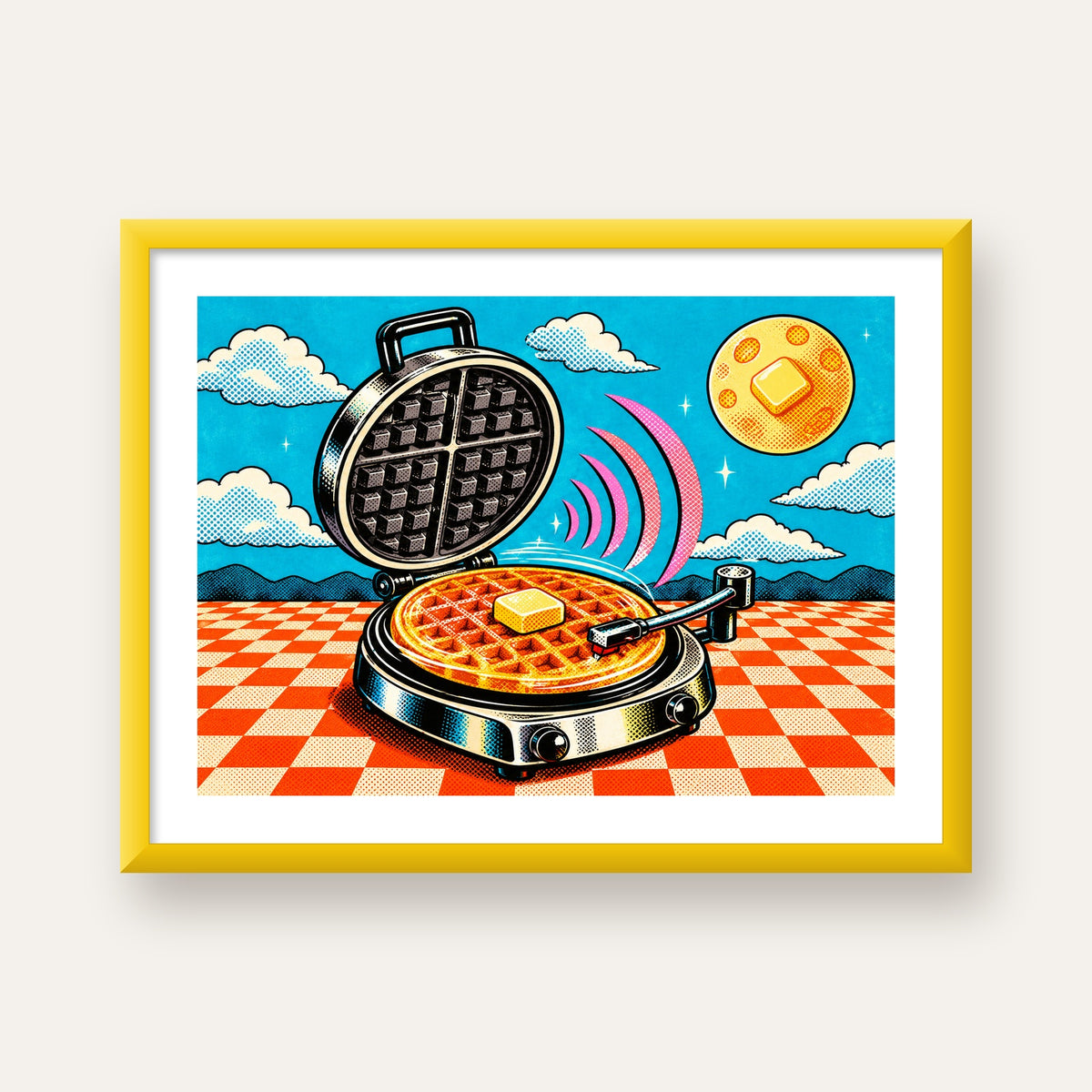 Retro Waffle Pikap Poster – Pop-Art, Müzikli Duvar Dekoru — sarı çerçeveli paspartulu