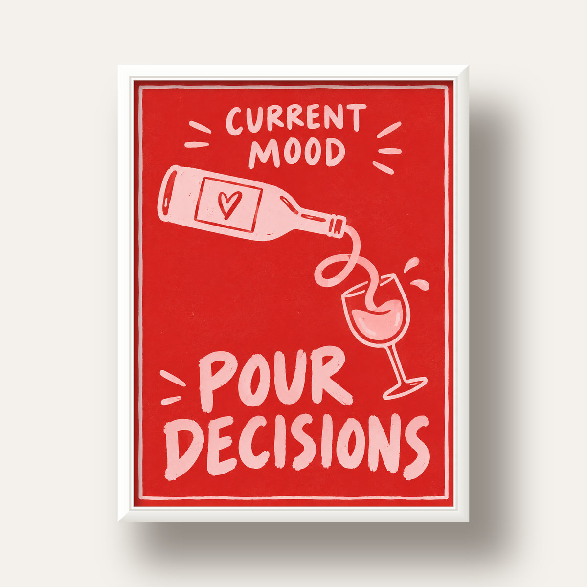 Mizahi Şarap Temalı Poster – Pour Decisions, Current Mood — beyaz derin çerçeveli