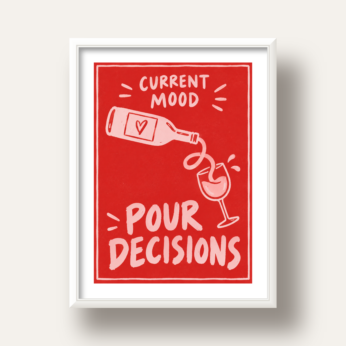 Mizahi Şarap Temalı Poster – Pour Decisions, Current Mood — beyaz derin çerçeveli paspartulu