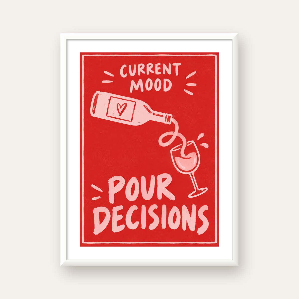 Mizahi Şarap Temalı Poster – Pour Decisions, Current Mood — beyaz çerçeveli dikey poster
