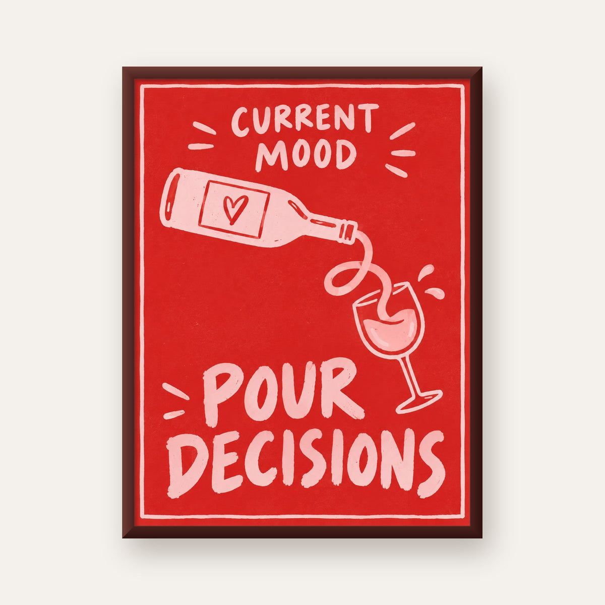Mizahi Şarap Temalı Poster – Pour Decisions, Current Mood — ceviz çerçeveli
