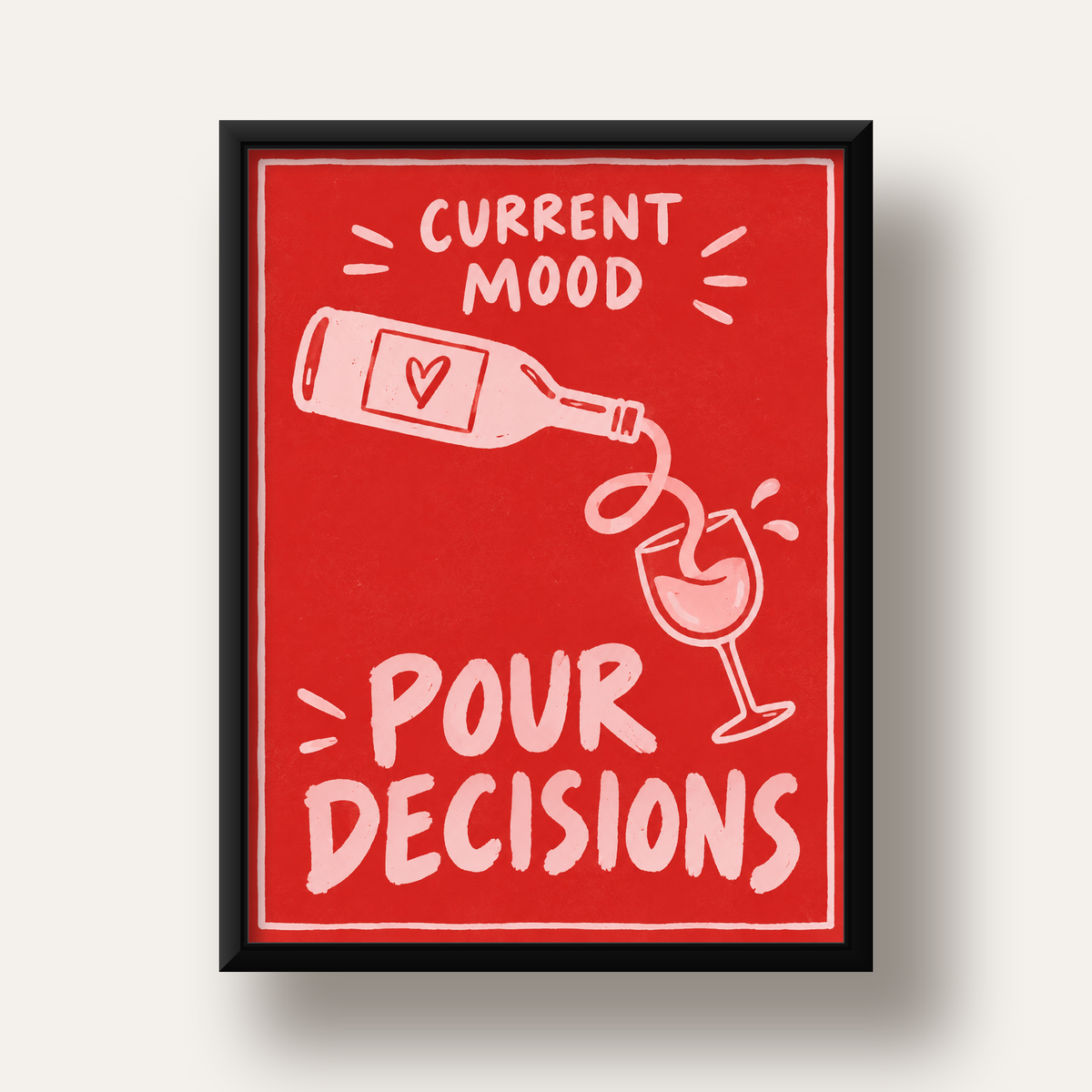 Mizahi Şarap Temalı Poster – Pour Decisions, Current Mood — siyah derin çerçeveli