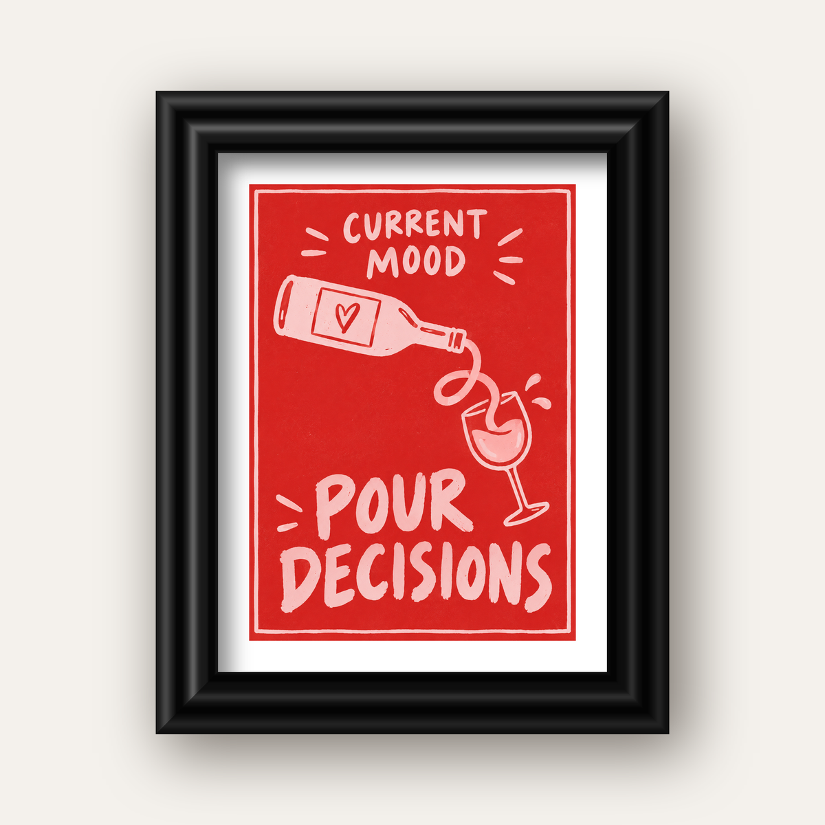 Mizahi Şarap Temalı Poster – Pour Decisions, Current Mood — siyah galeri çerçeveli paspartulu