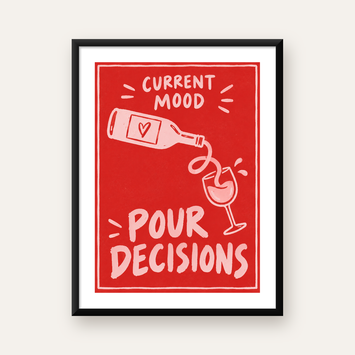 Mizahi Şarap Temalı Poster – Pour Decisions, Current Mood — Dikey baskı, beyaz paspartulu