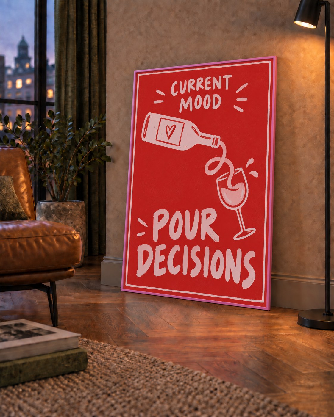 Mizahi Şarap Temalı Poster – Pour Decisions, Current Mood — çerçeveli hâliyle bir ev duvarında