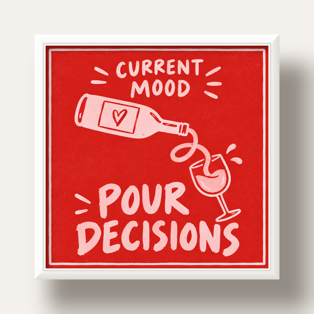 Mizahi Şarap Temalı Poster – Pour Decisions, Current Mood — beyaz derin çerçeveli