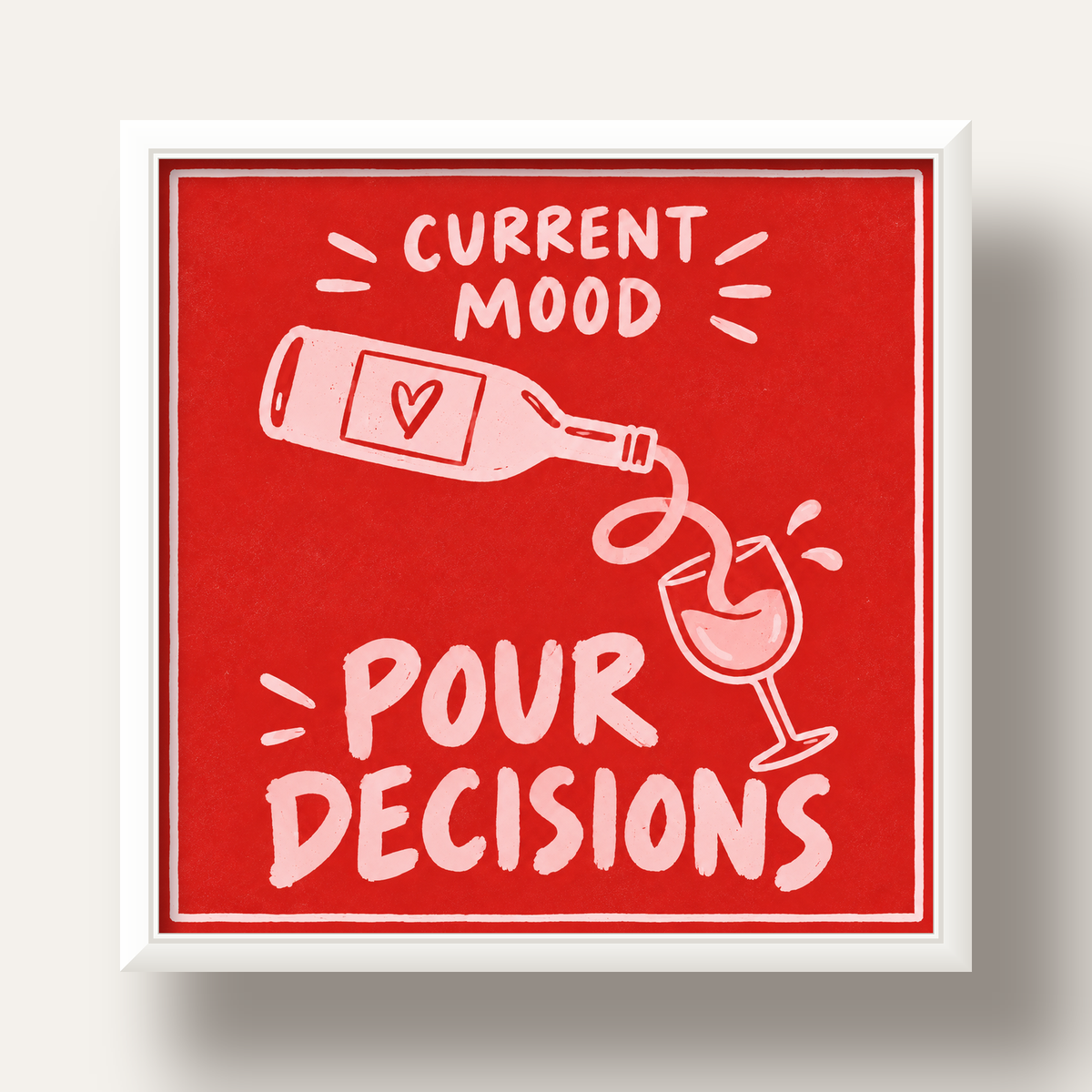 Mizahi Şarap Temalı Poster – Pour Decisions, Current Mood — beyaz derin çerçeveli