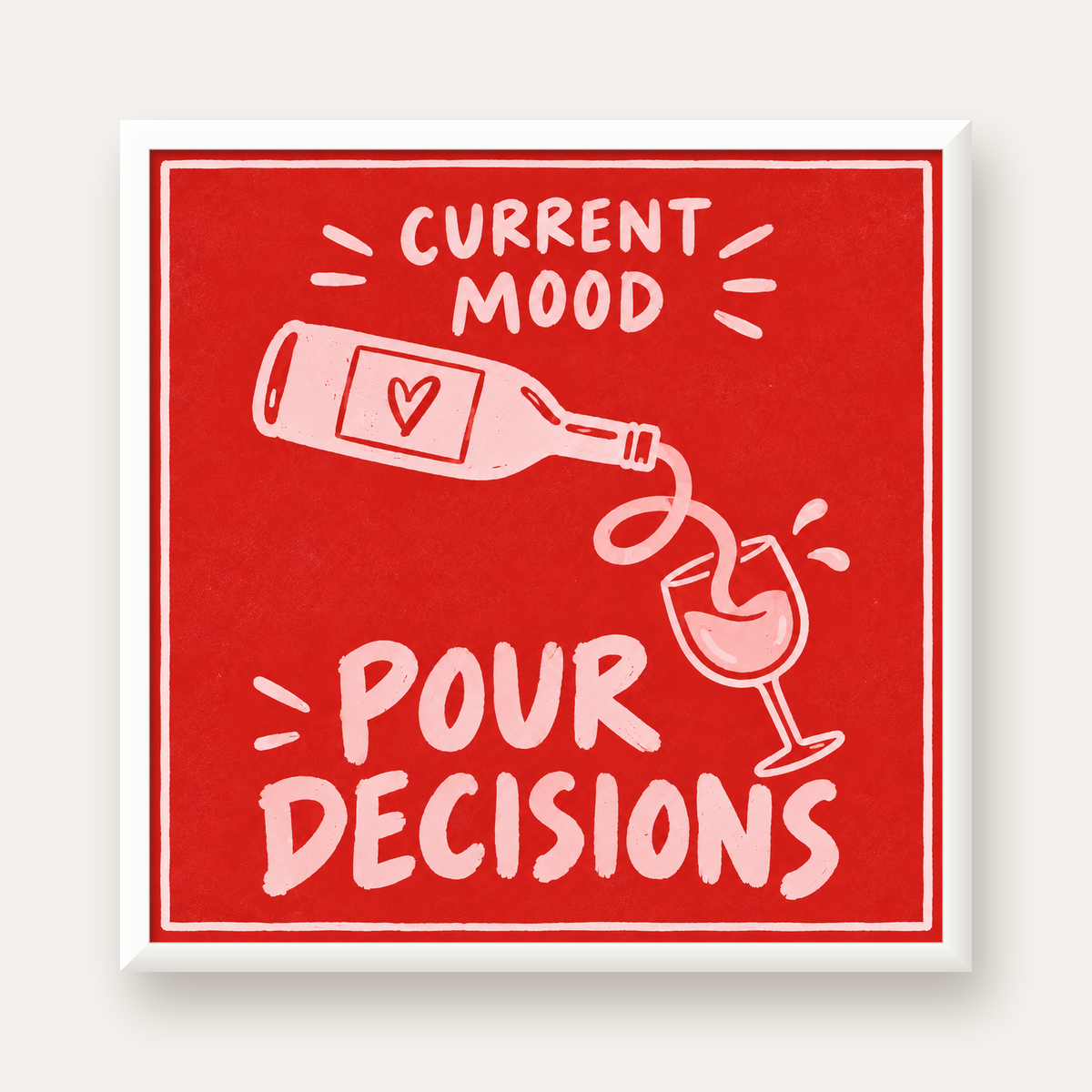 Mizahi Şarap Temalı Poster – Pour Decisions, Current Mood — beyaz çerçeveli kare poster