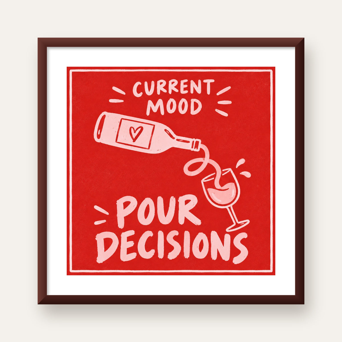 Mizahi Şarap Temalı Poster – Pour Decisions, Current Mood — ceviz çerçeveli paspartulu