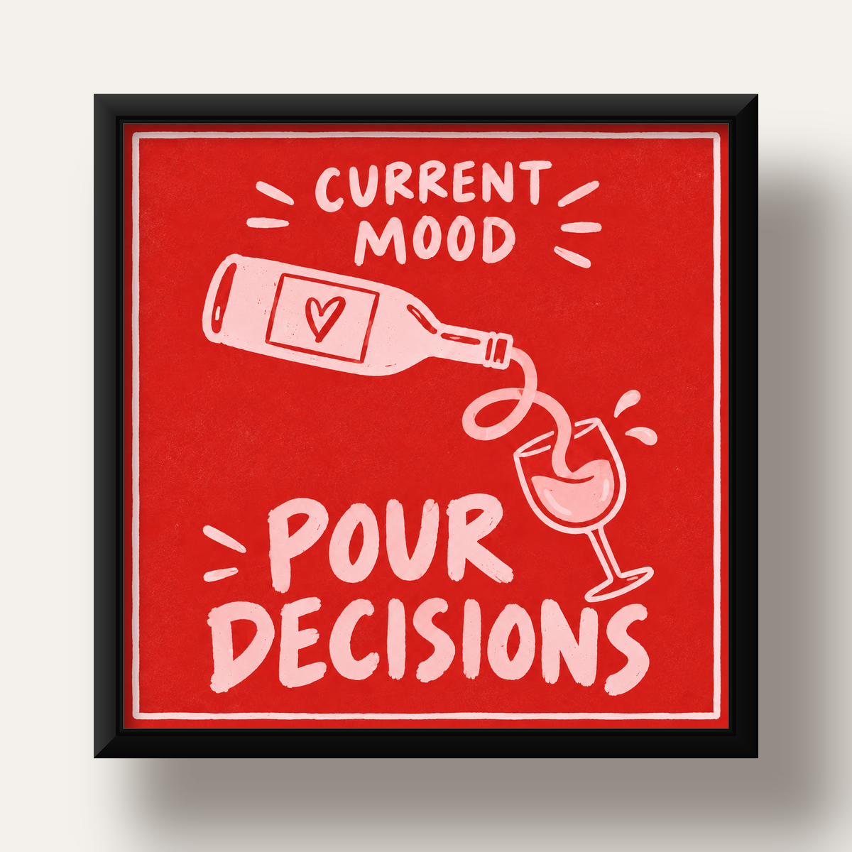 Mizahi Şarap Temalı Poster – Pour Decisions, Current Mood — siyah derin çerçeveli