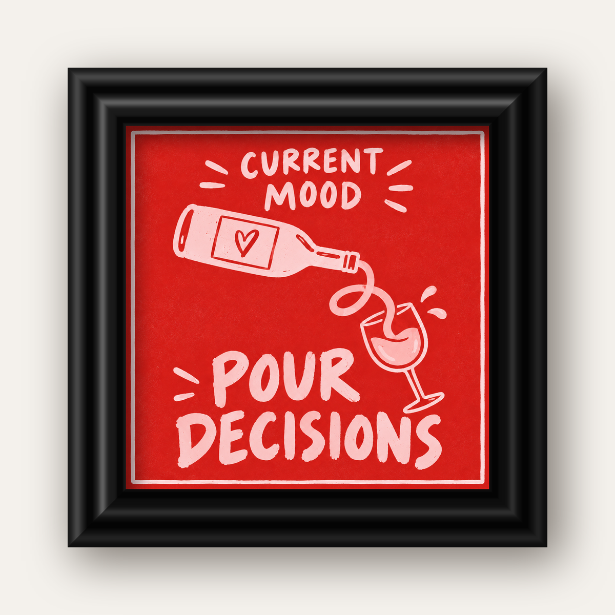 Mizahi Şarap Temalı Poster – Pour Decisions, Current Mood — siyah galeri çerçeveli