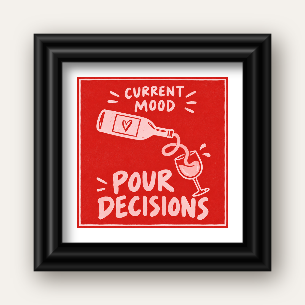 Mizahi Şarap Temalı Poster – Pour Decisions, Current Mood — siyah galeri çerçeveli paspartulu