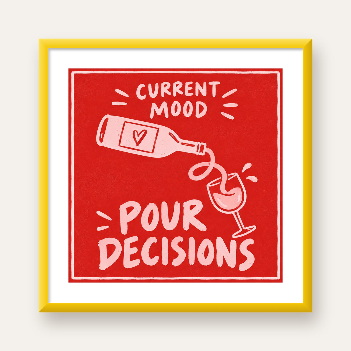 Mizahi Şarap Temalı Poster – Pour Decisions, Current Mood — sarı çerçeveli paspartulu