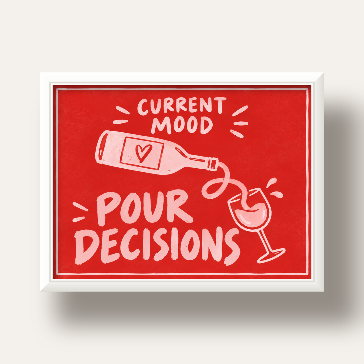 Mizahi Şarap Temalı Poster – Pour Decisions, Current Mood — beyaz derin çerçeveli