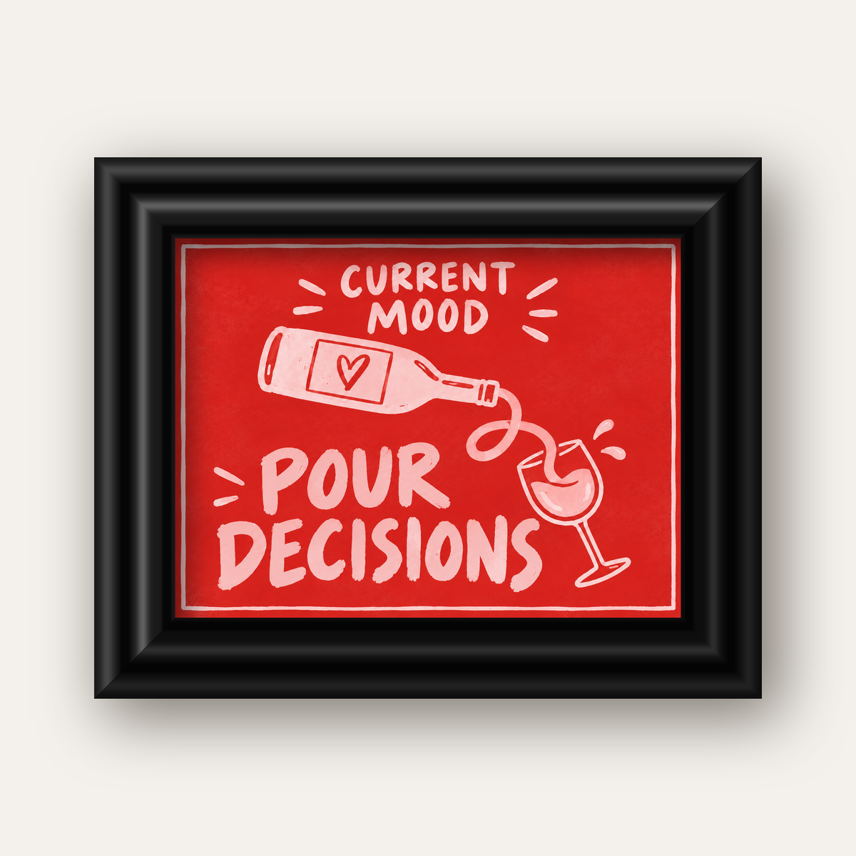 Mizahi Şarap Temalı Poster – Pour Decisions, Current Mood — siyah galeri çerçeveli