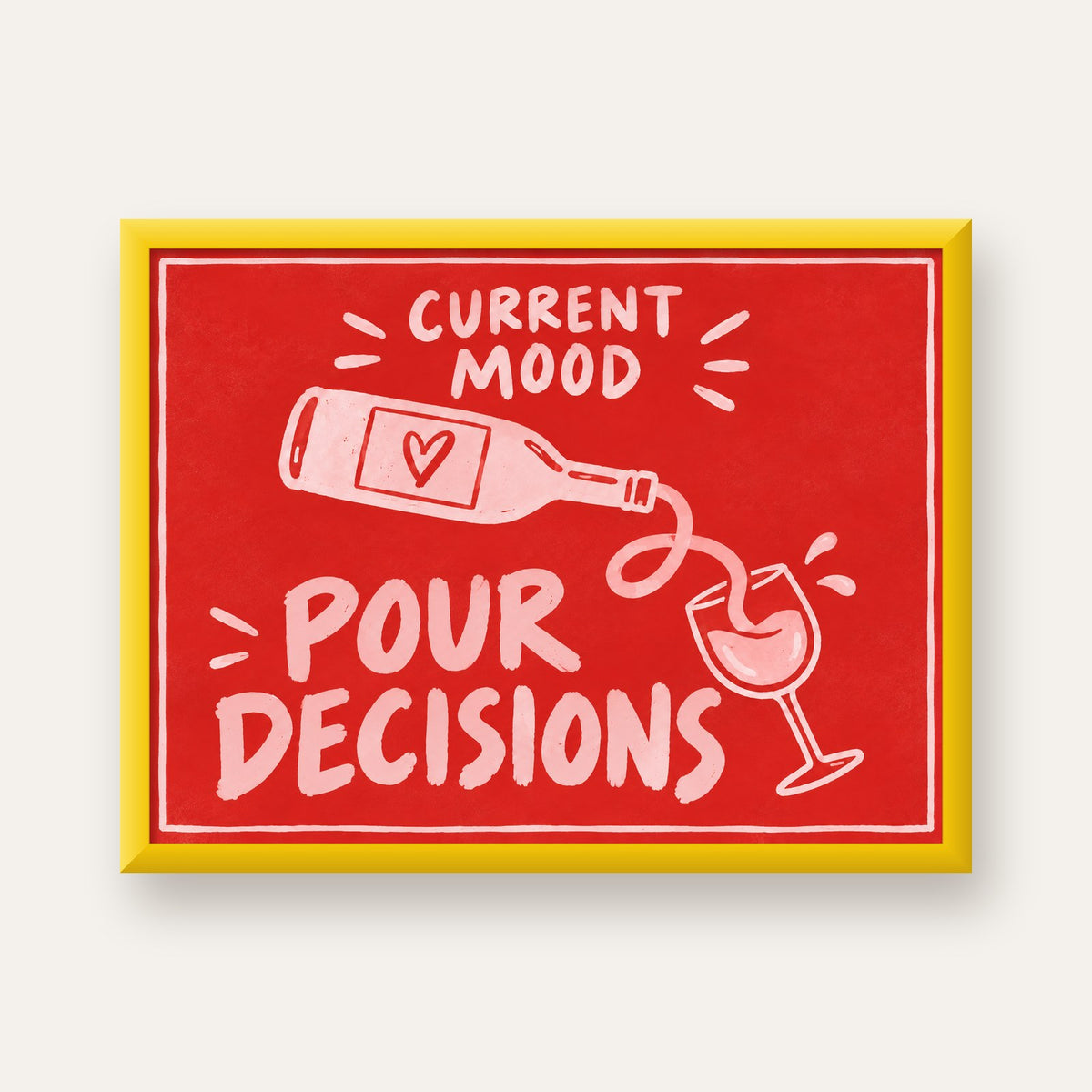 Mizahi Şarap Temalı Poster – Pour Decisions, Current Mood — sarı çerçeveli