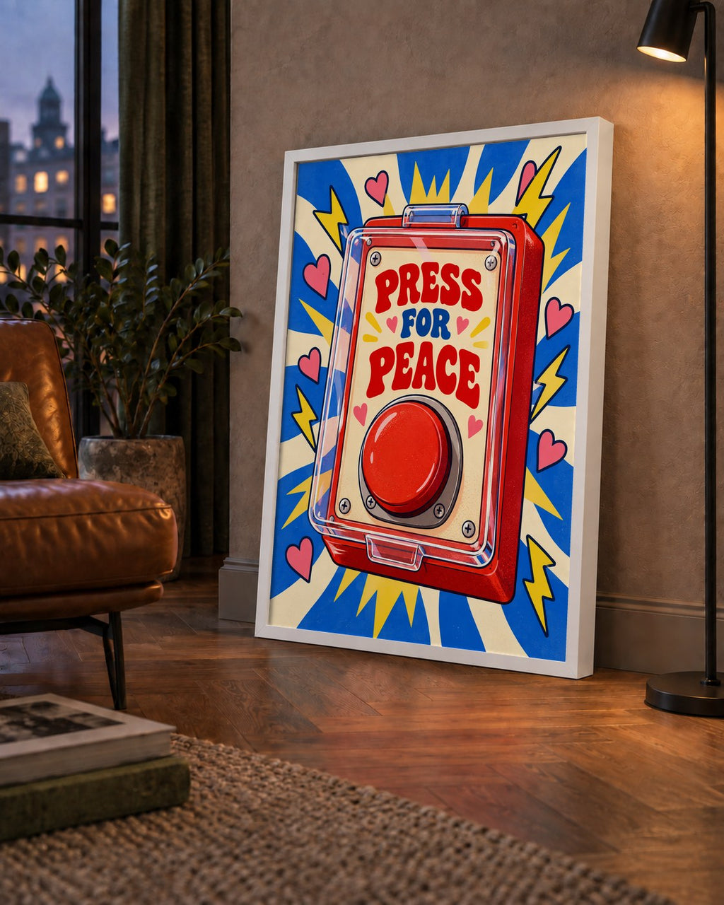 Press for Peace — çerçeveli hâliyle bir ev duvarında